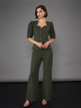 Women Olive Puff Sleeves Top With Bell Bottom Pants