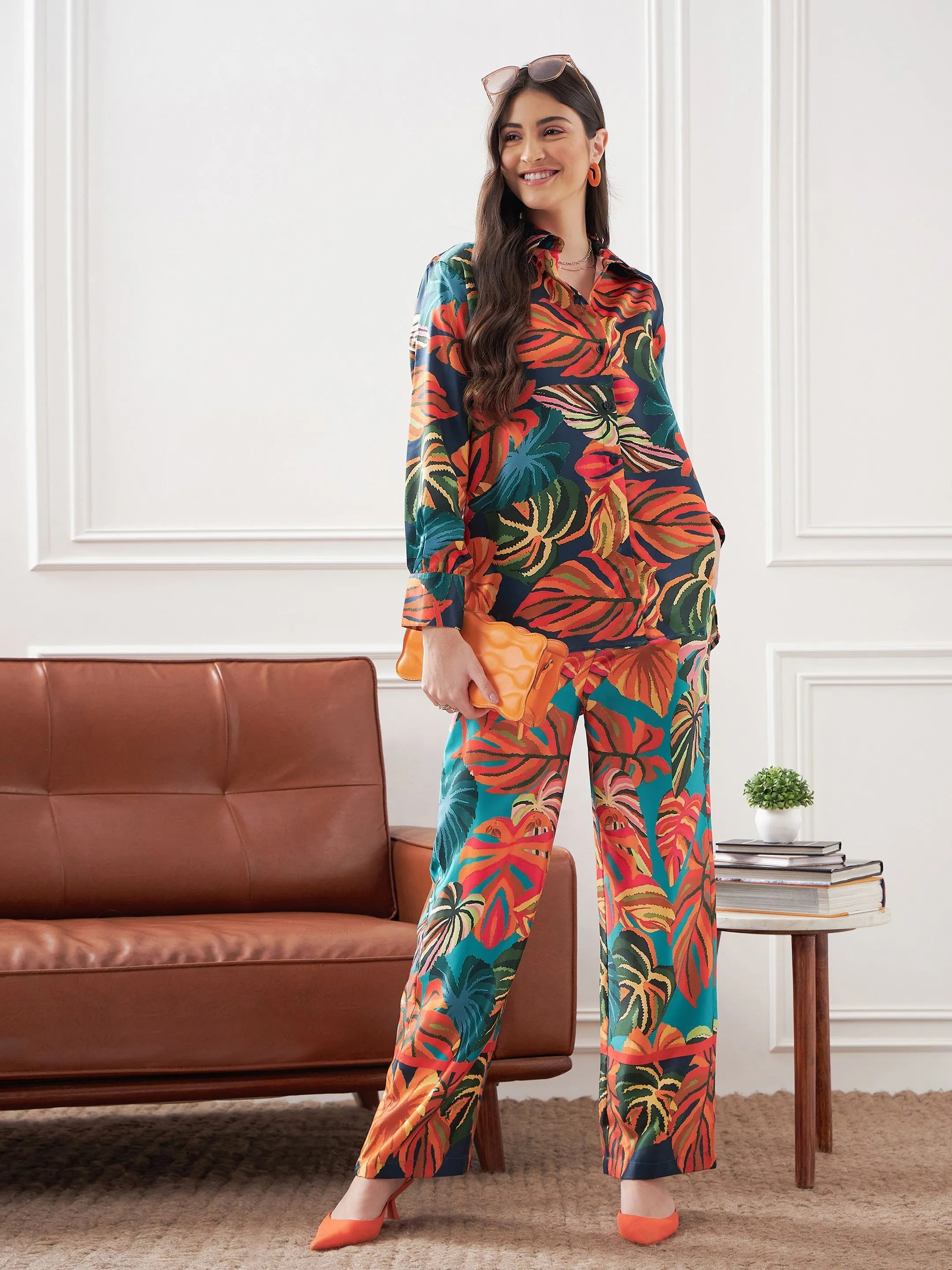 Women Orange Satin Tropical Longline Shirt With Lounge Pants