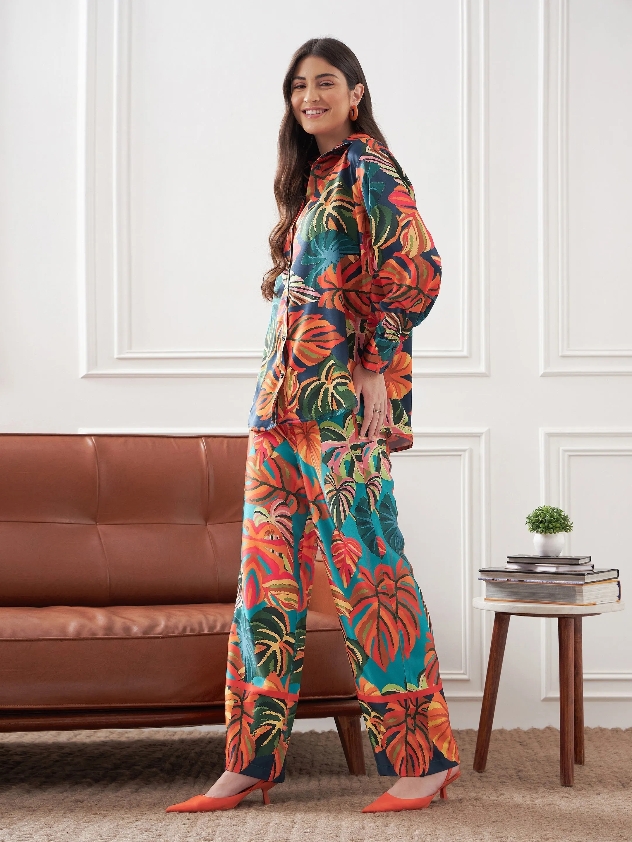 Women Orange Satin Tropical Longline Shirt With Lounge Pants