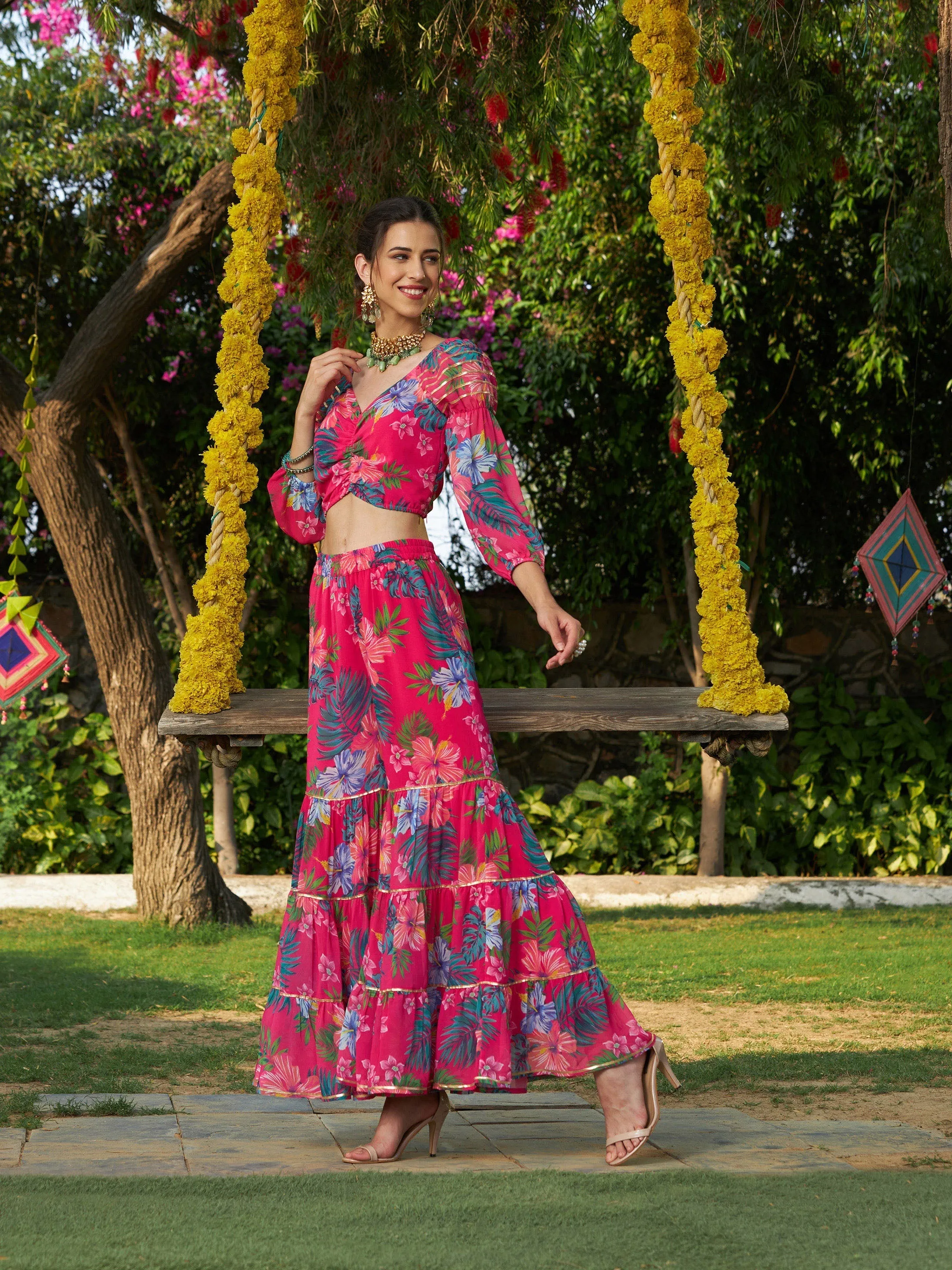 Women Pink Floral Puff Sleeves Crop Top With Tiered Sharara