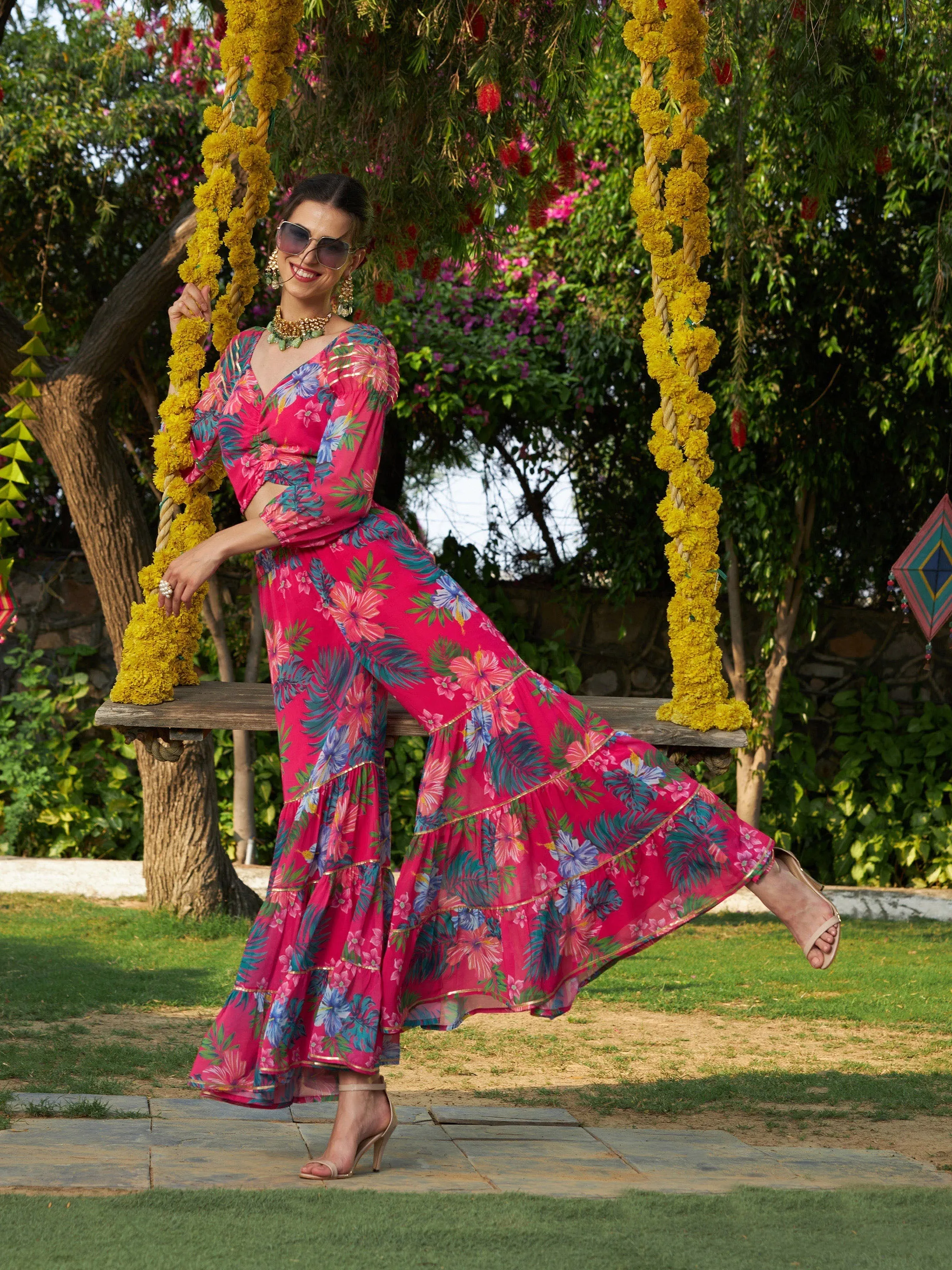 Women Pink Floral Puff Sleeves Crop Top With Tiered Sharara