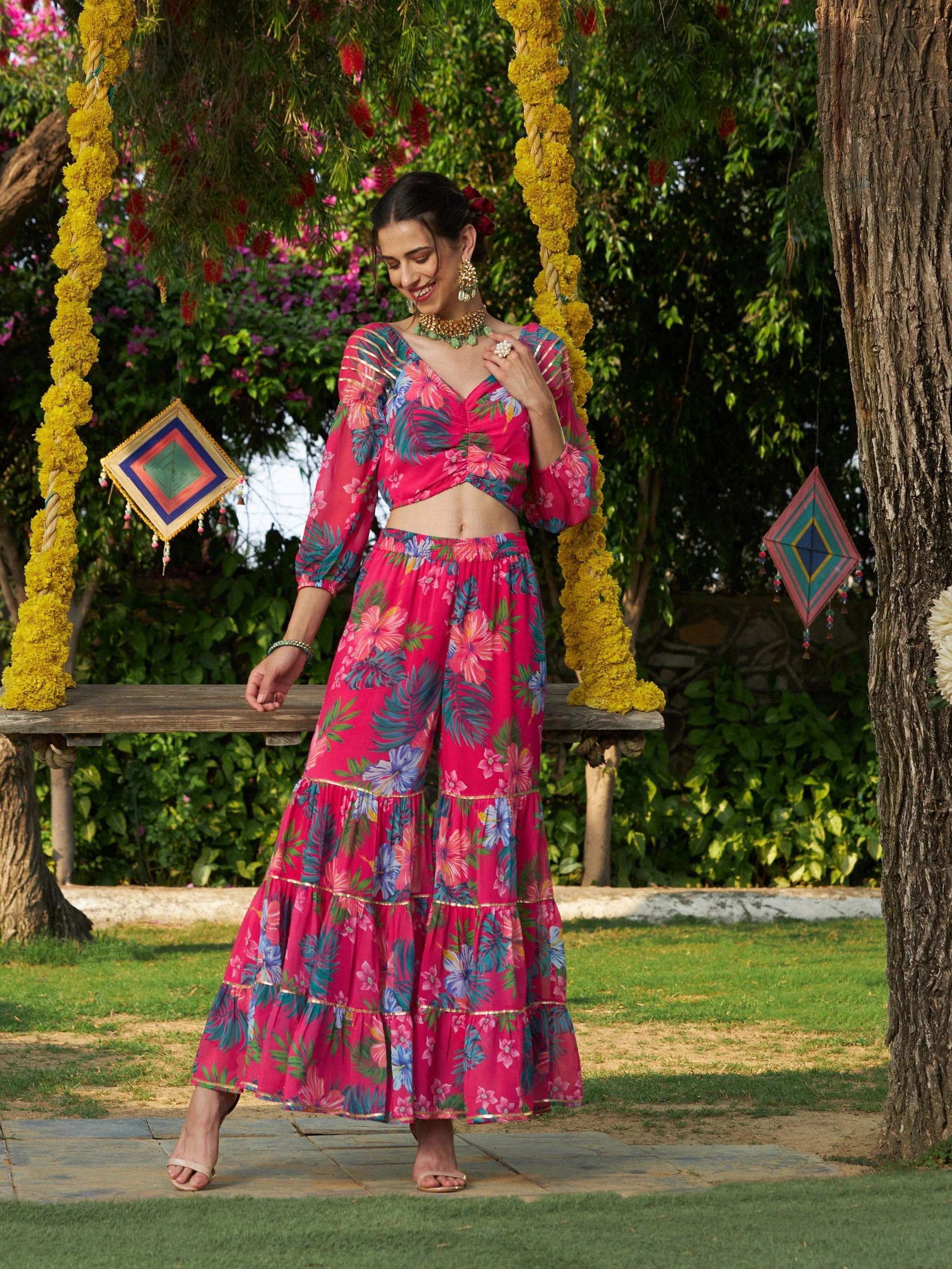 Women Pink Floral Puff Sleeves Crop Top With Tiered Sharara