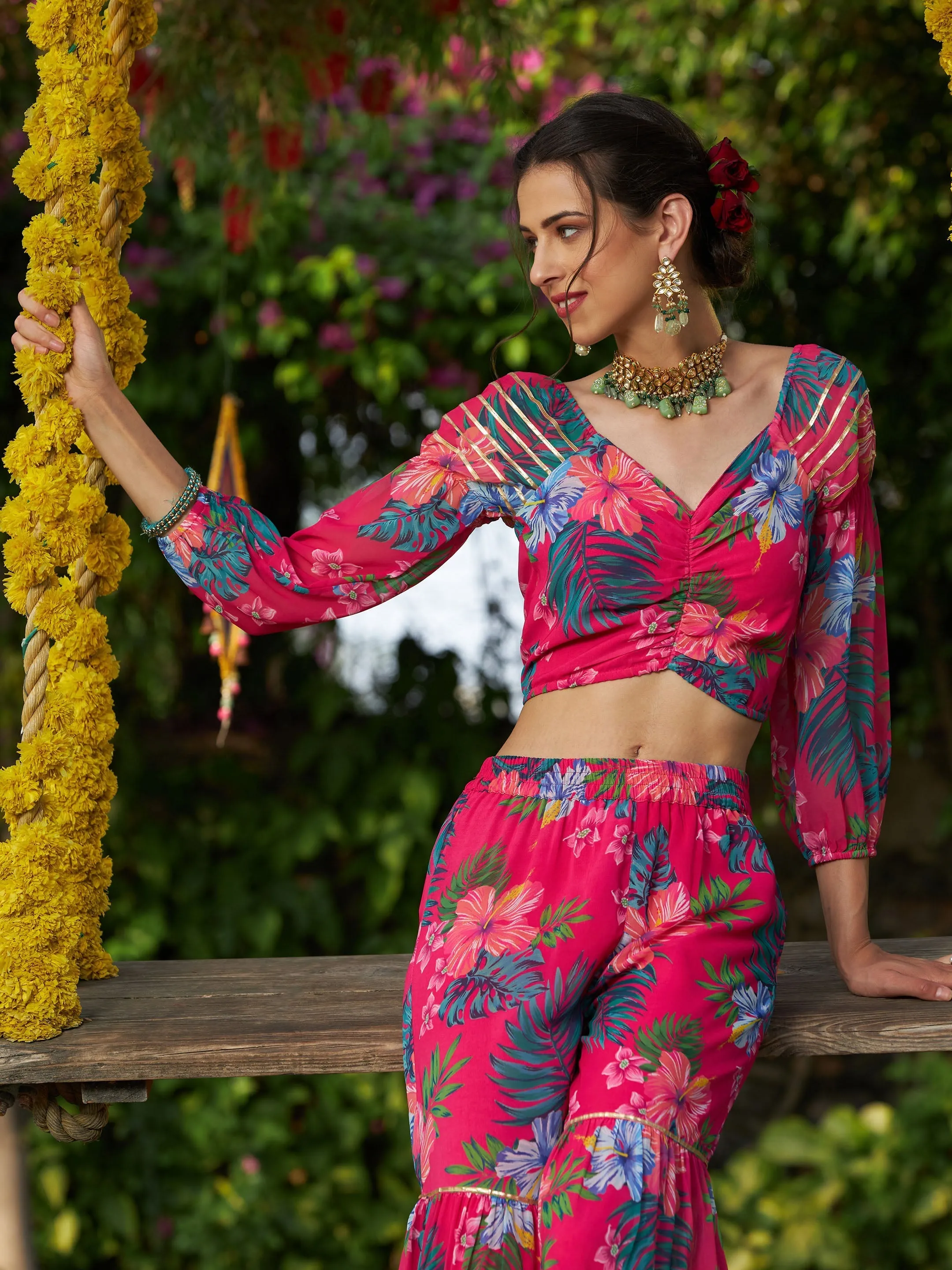 Women Pink Floral Puff Sleeves Crop Top With Tiered Sharara