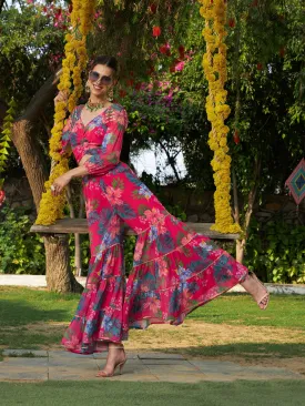 Women Pink Floral Puff Sleeves Crop Top With Tiered Sharara