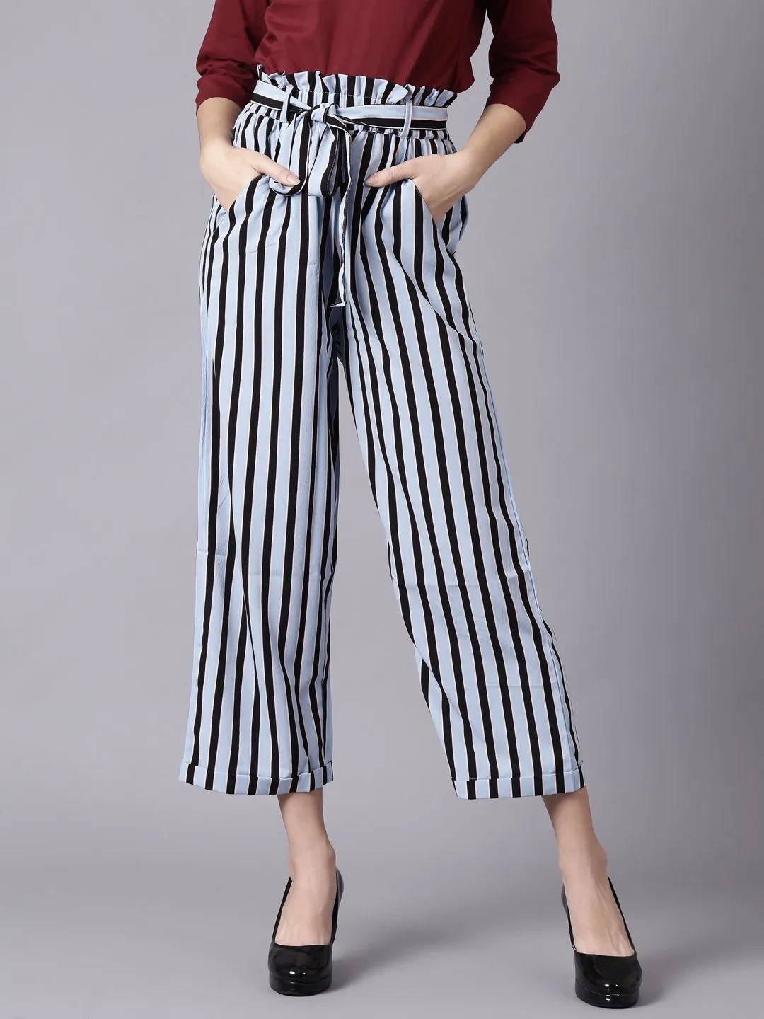 Women Sky Blue Striped Casual Texture Georgette Trouser