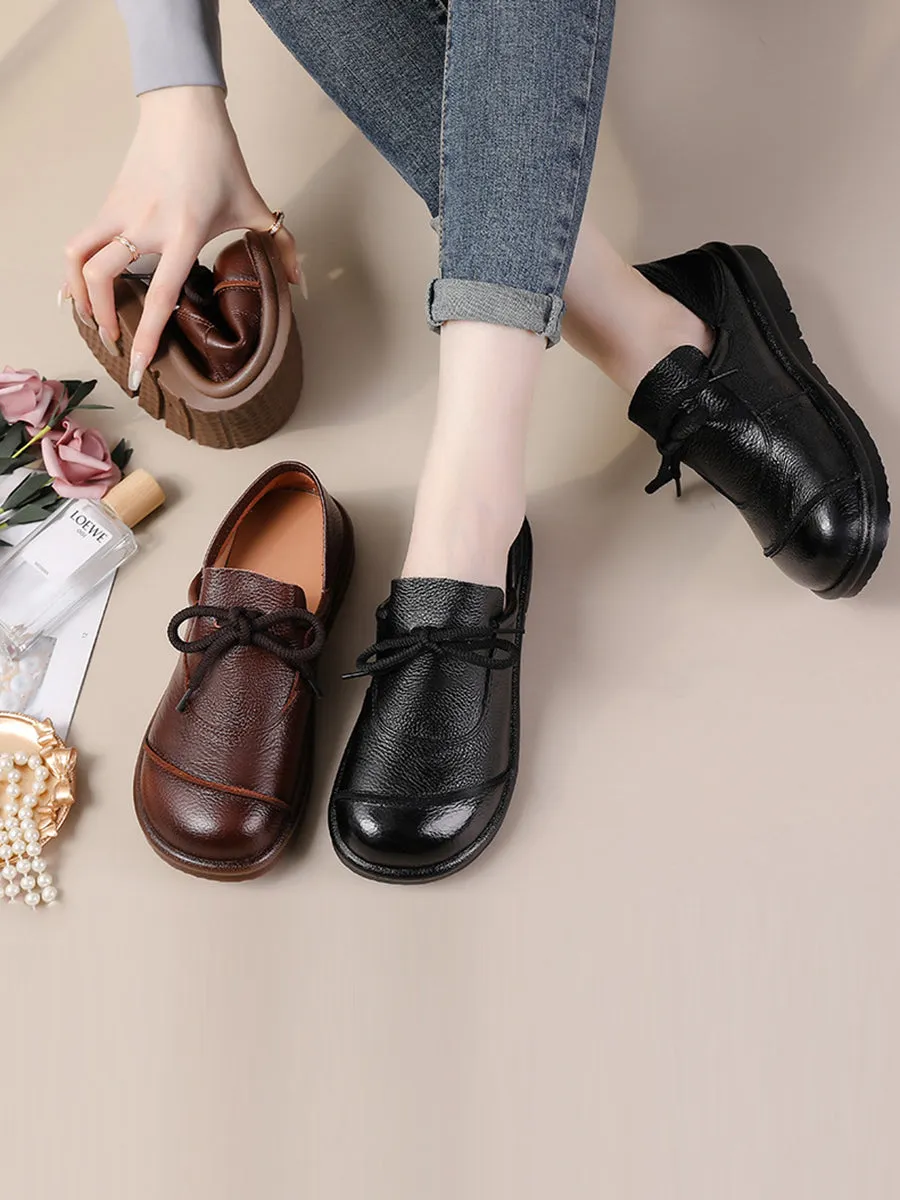 Women Vintage Leather Drawstring Flat Shoes