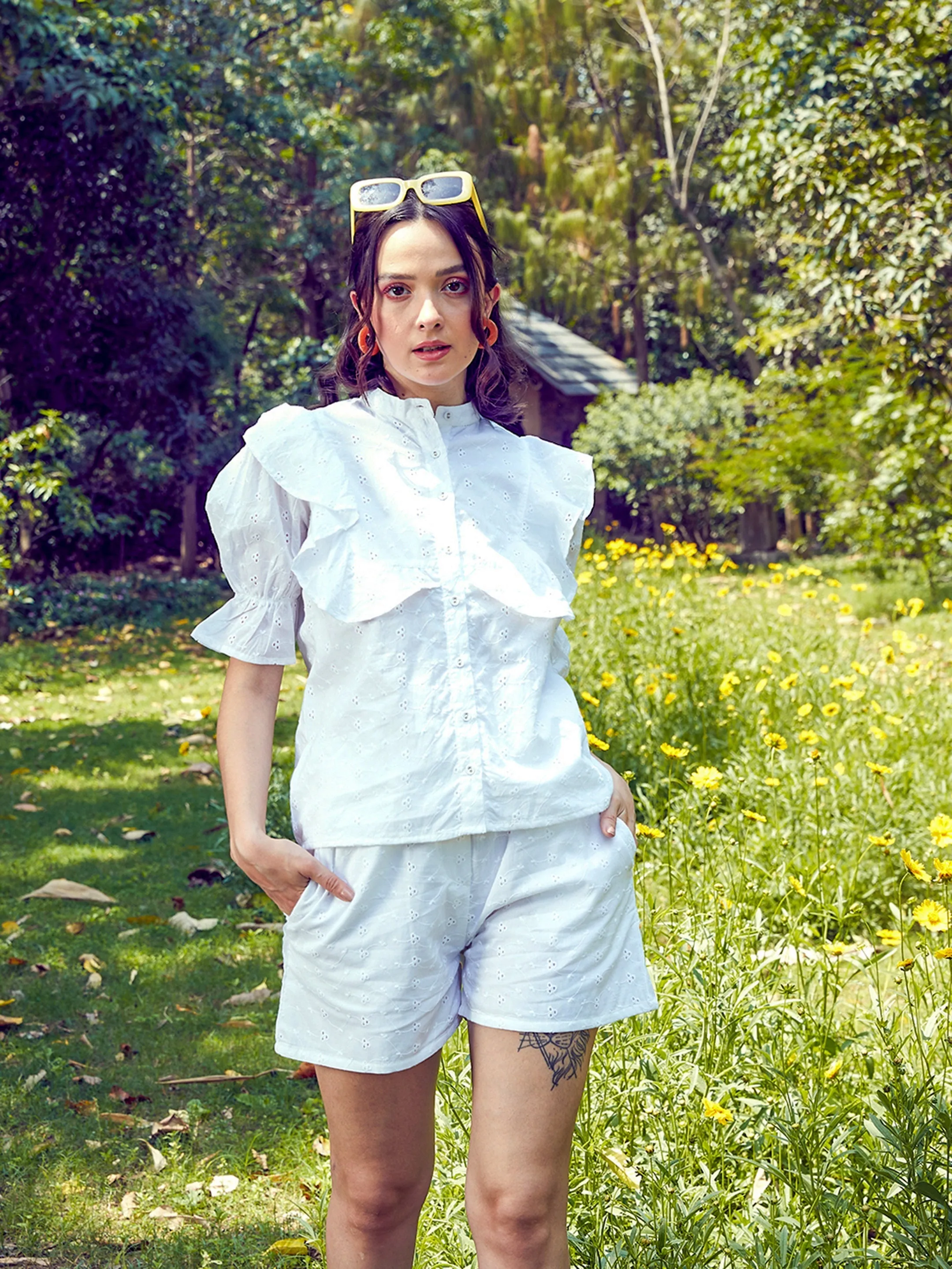 Women White Schiffli Puff Sleeves Shirt With Paper Waist Shorts