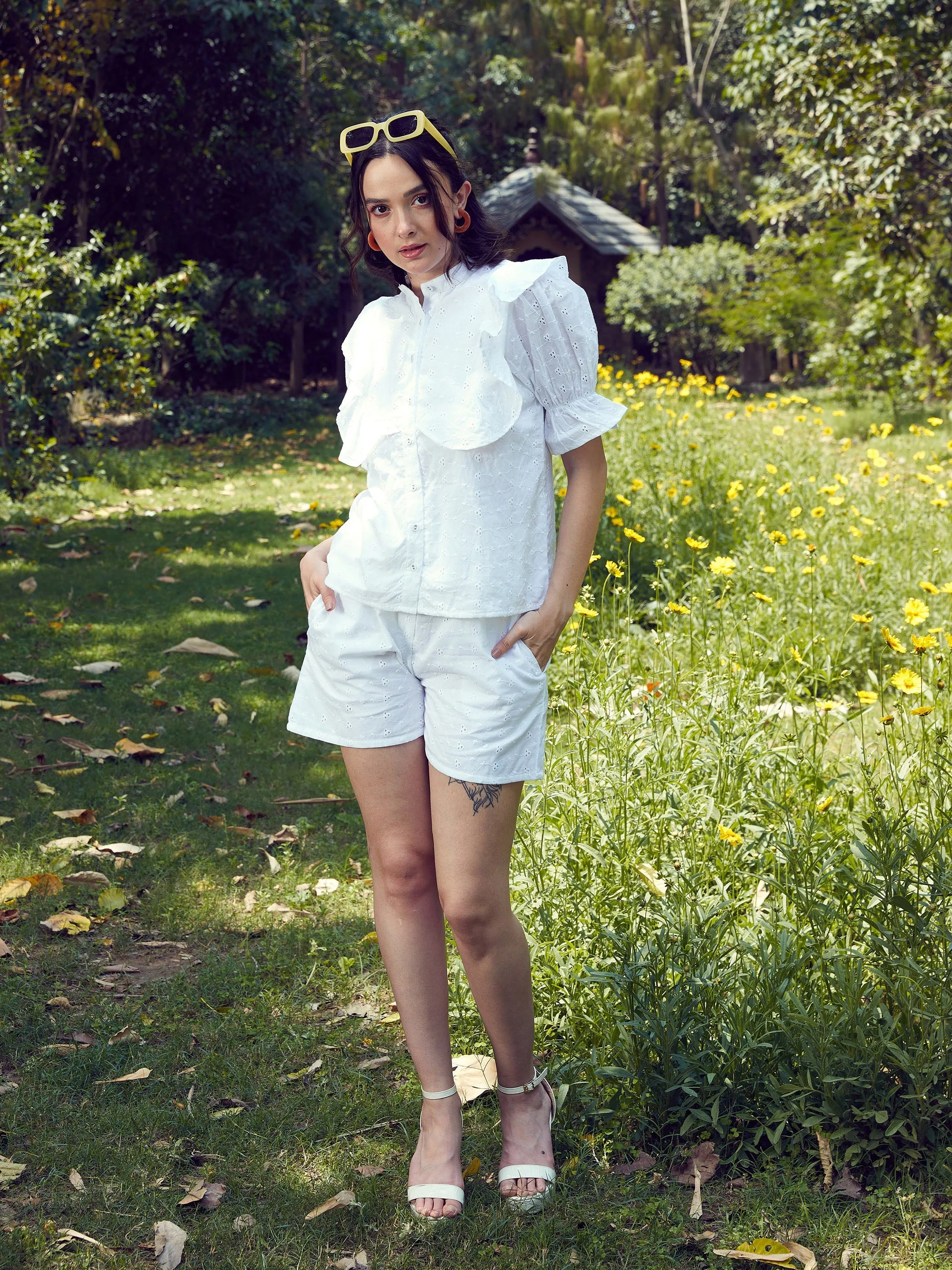 Women White Schiffli Puff Sleeves Shirt With Paper Waist Shorts