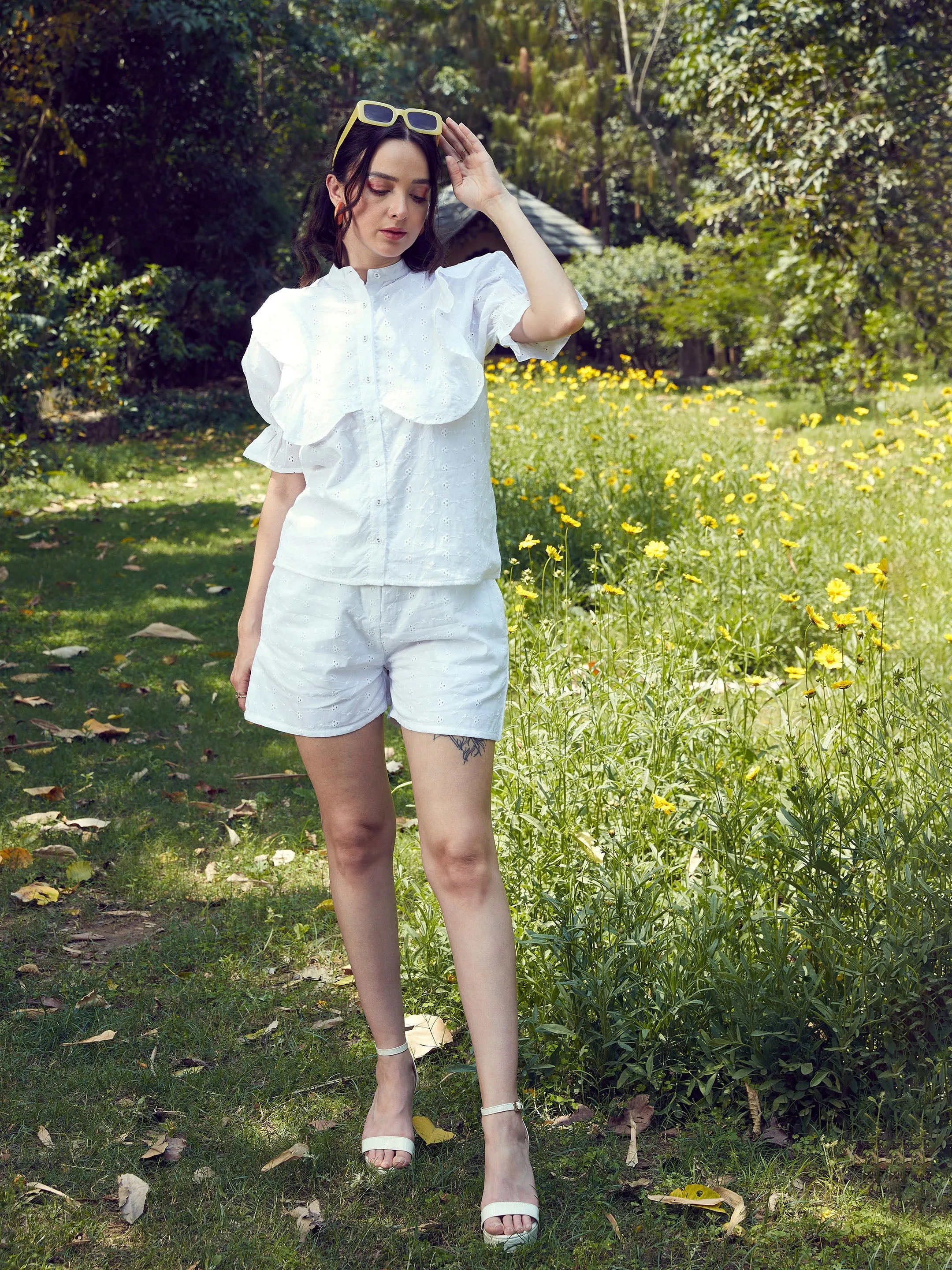 Women White Schiffli Puff Sleeves Shirt With Paper Waist Shorts