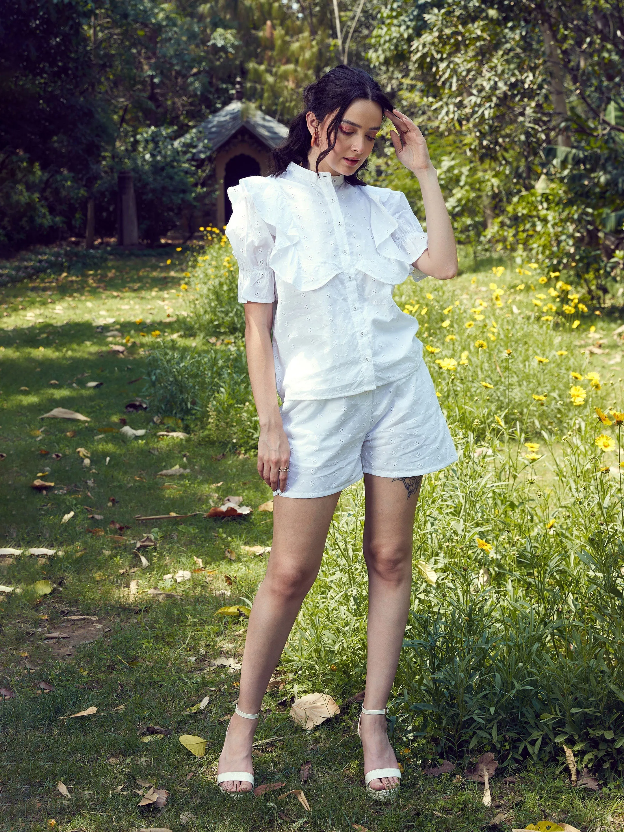 Women White Schiffli Puff Sleeves Shirt With Paper Waist Shorts