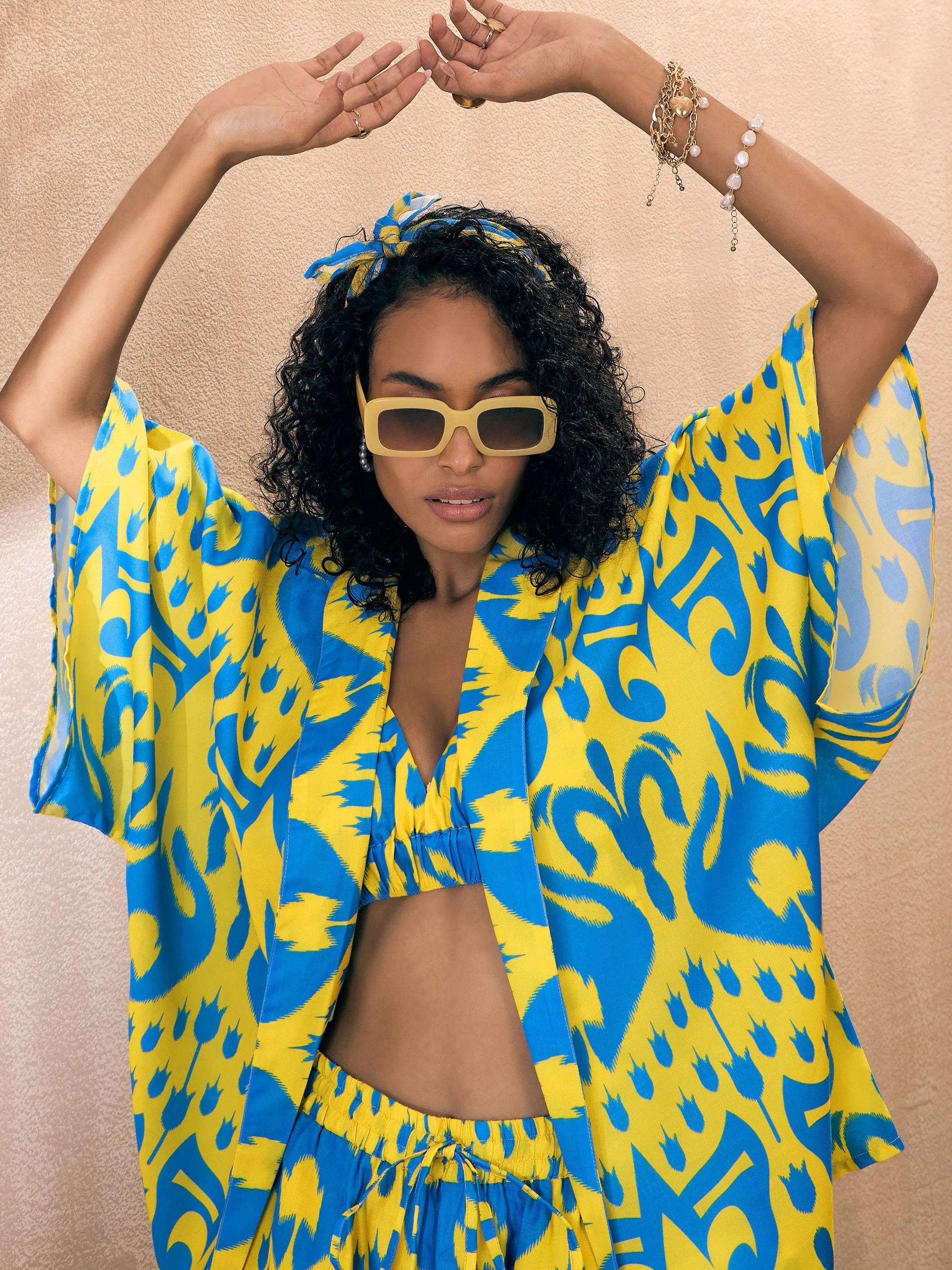 Women Yellow & Blue Ikat Shorts With Bustier And Shrug