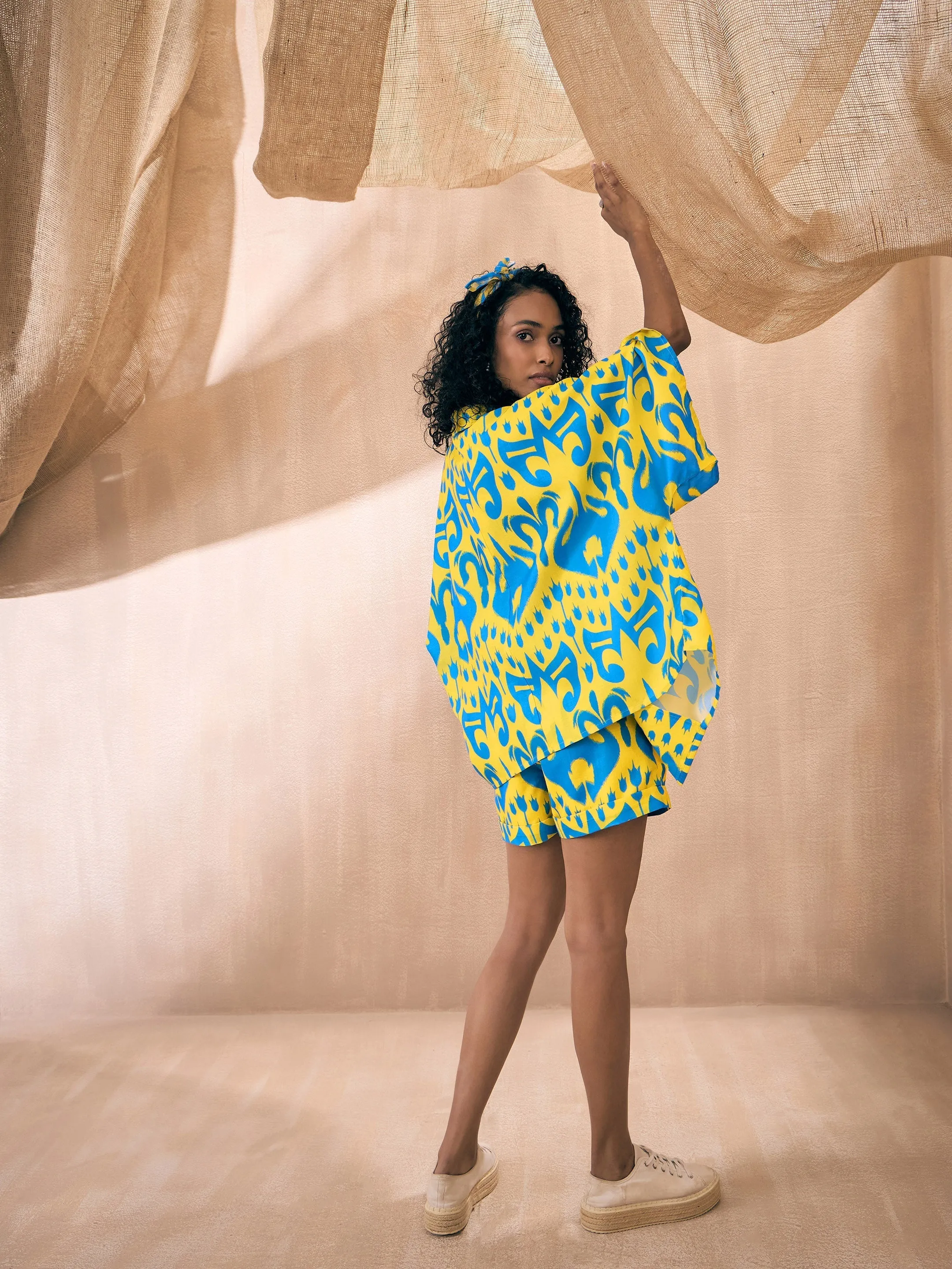 Women Yellow & Blue Ikat Shorts With Bustier And Shrug