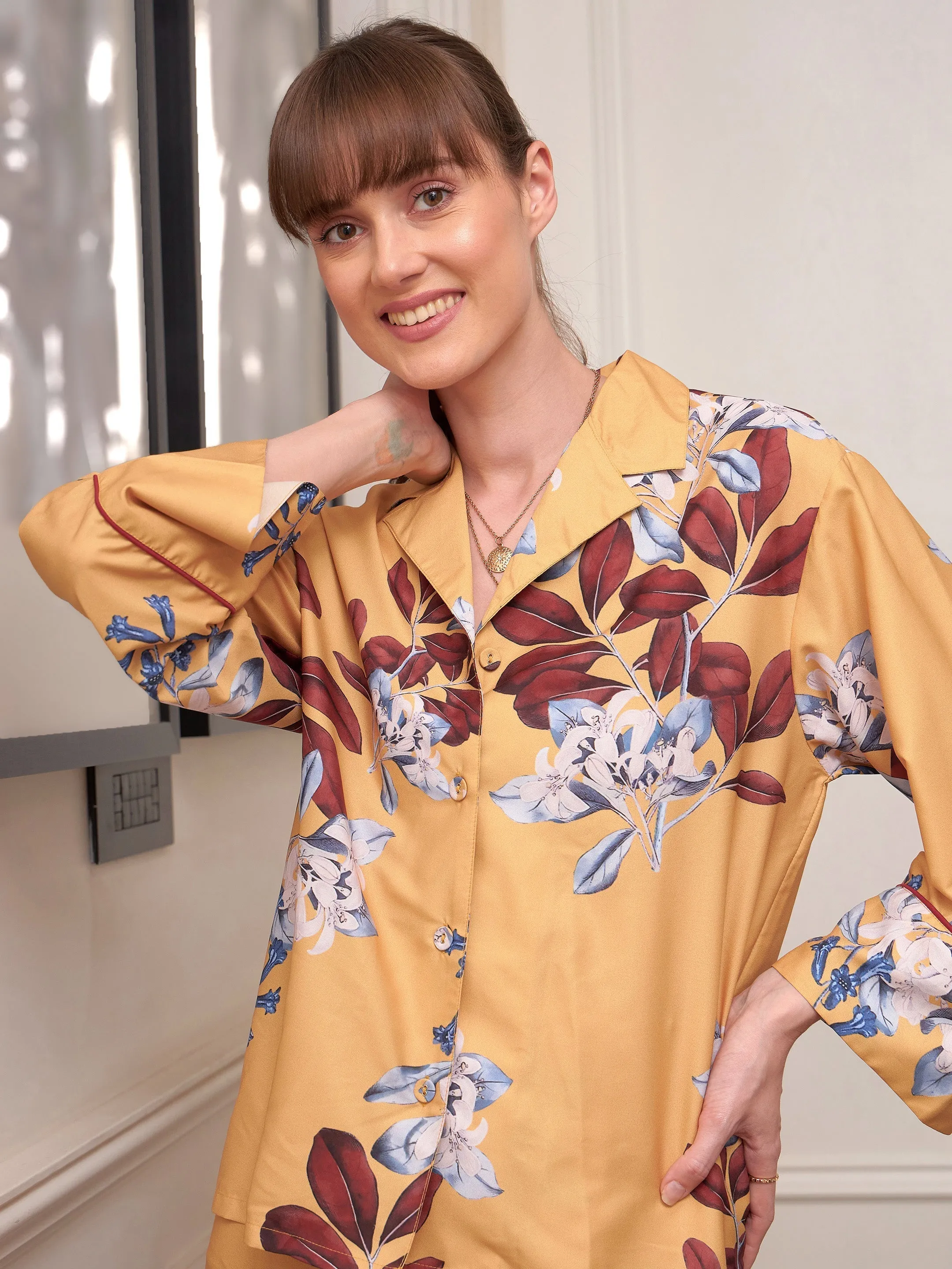 Women Yellow Floral Notch Collar Shirt With Lounge Pants