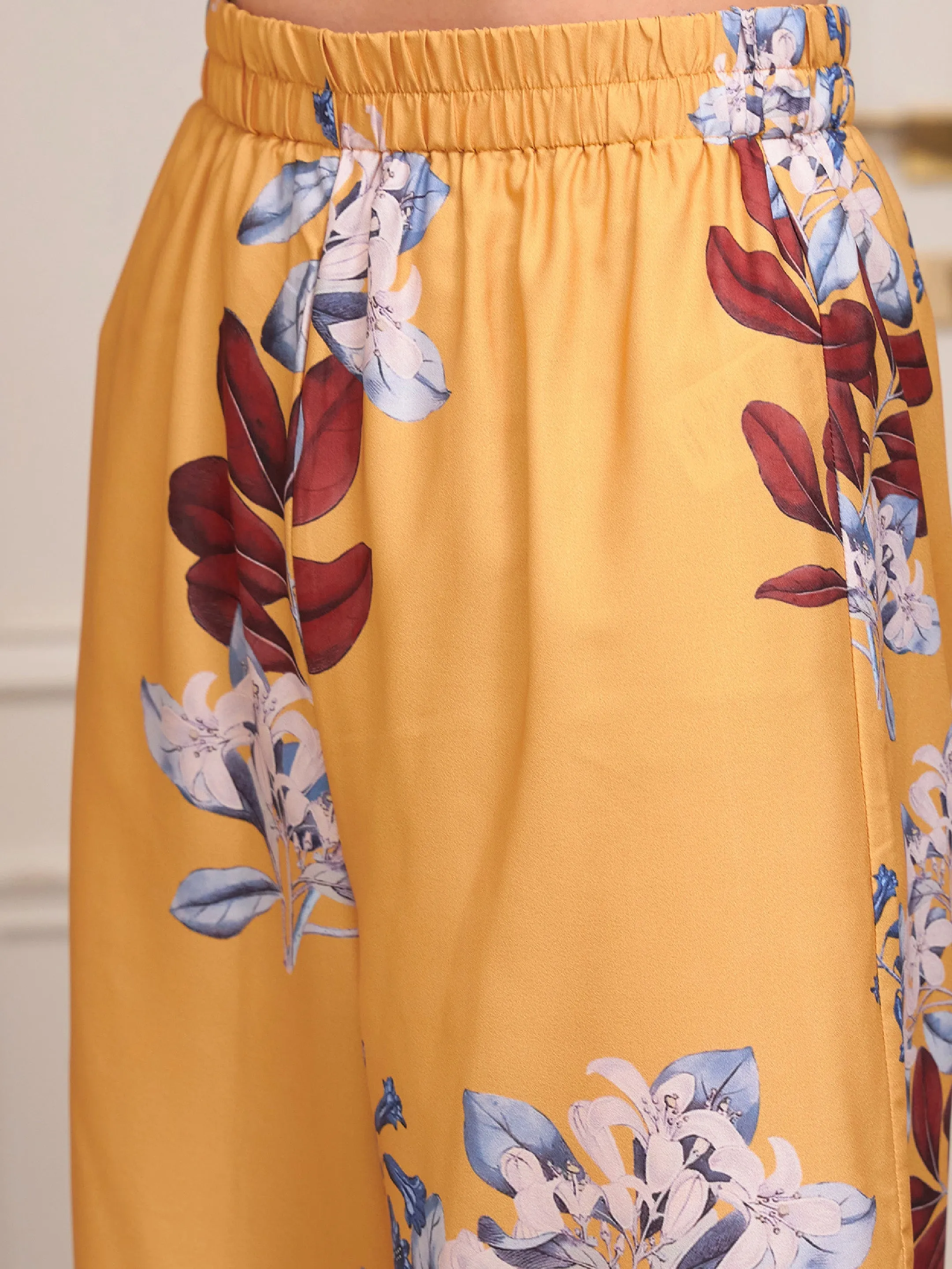 Women Yellow Floral Notch Collar Shirt With Lounge Pants