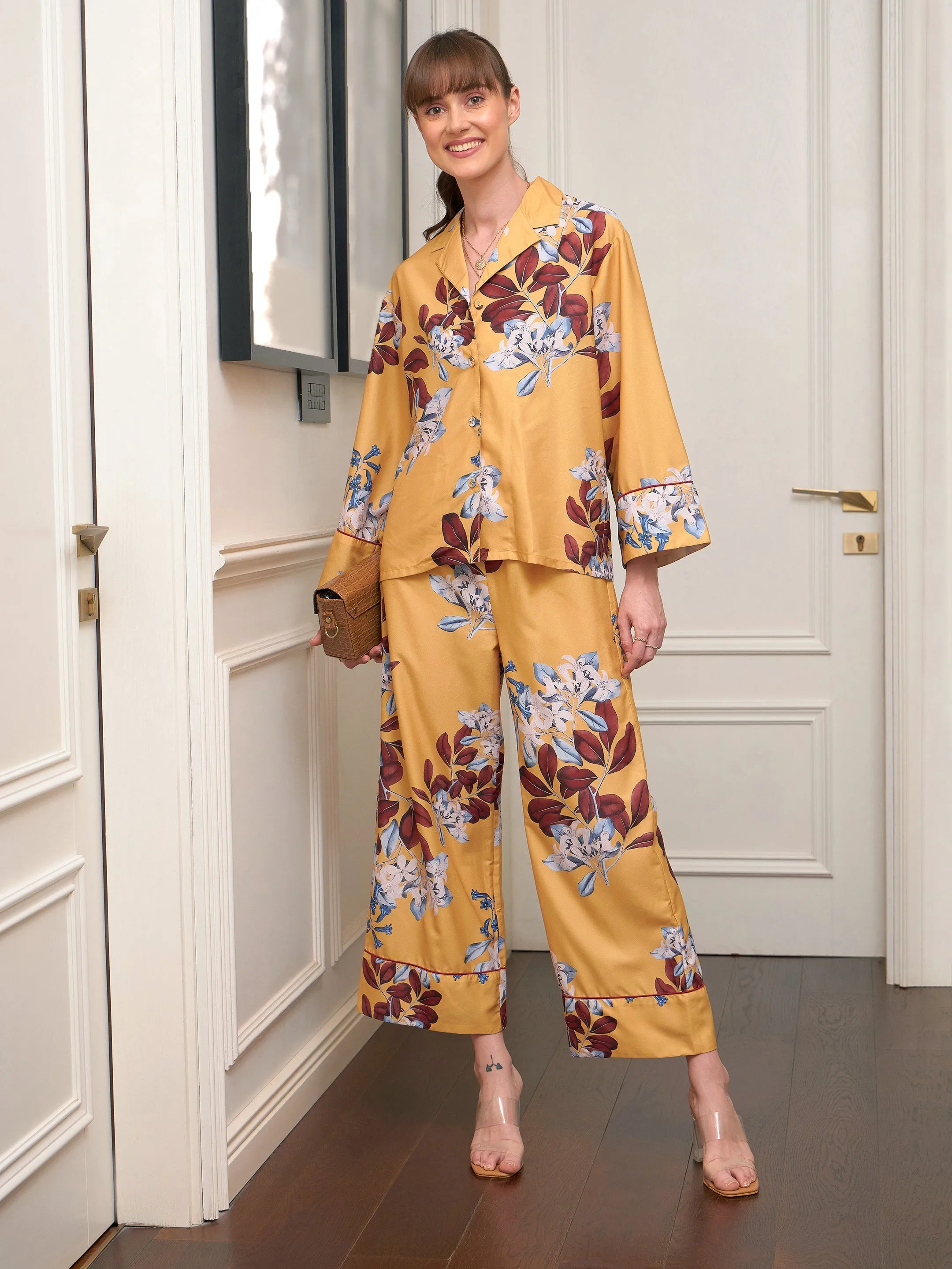 Women Yellow Floral Notch Collar Shirt With Lounge Pants